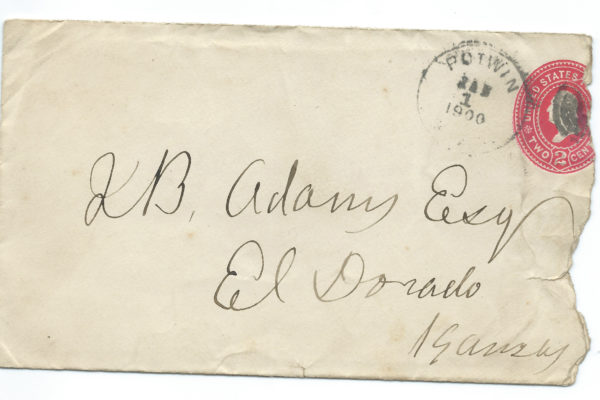 Envelope addressed to JB Adams, post marked Jan 1, 1900